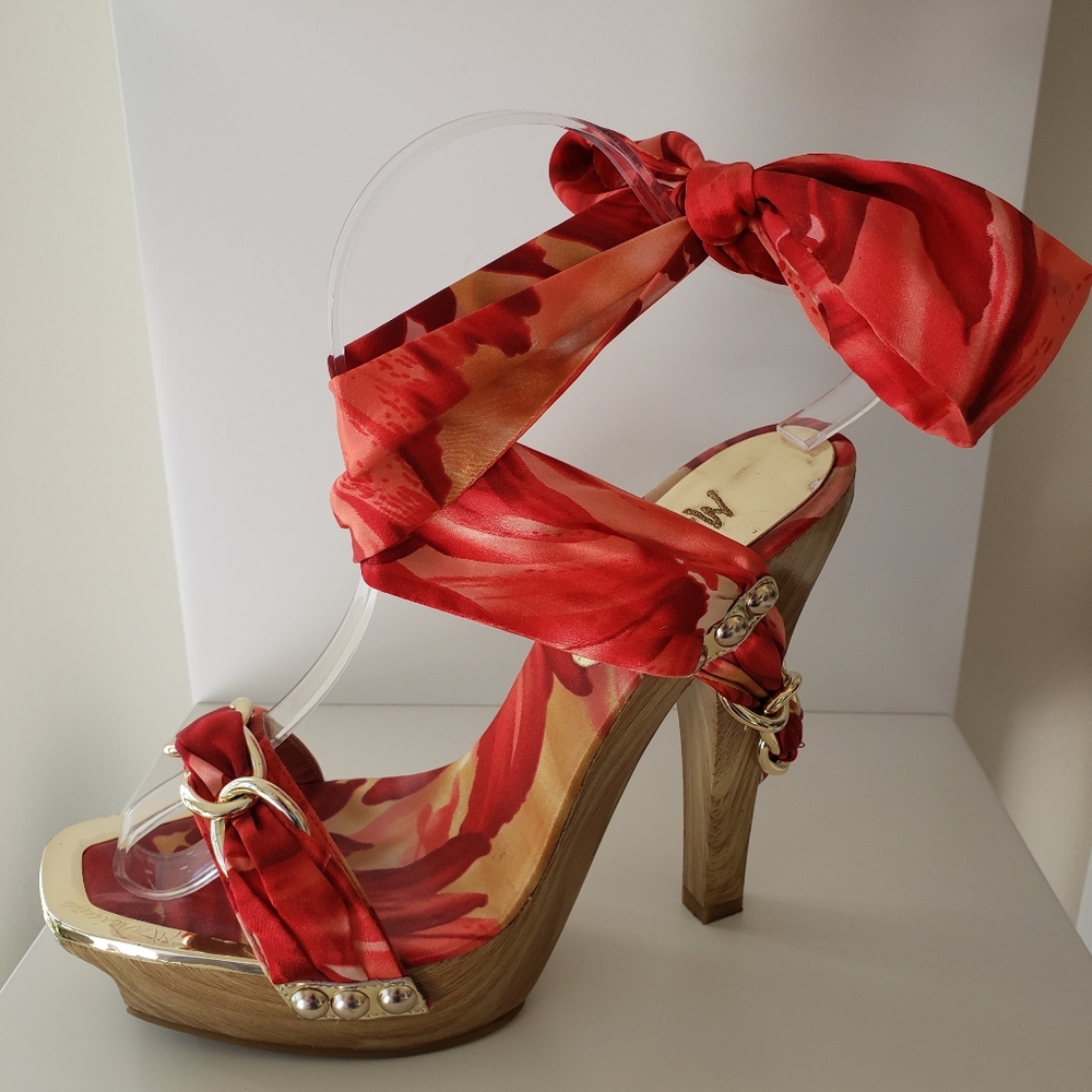 Guess by Marciano Platform Satin Back Lace Up Red Wrap Sandal Heels Size 8.5